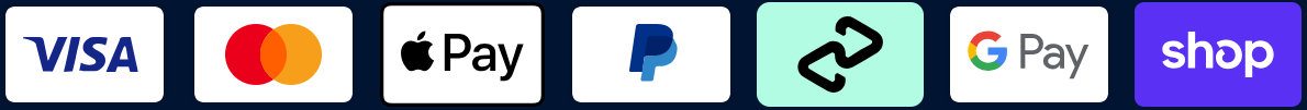 Accepted payment methods: Visa, Mastercard, Apple Pay, PayPal, Stripe, Google Pay and Shop Pay